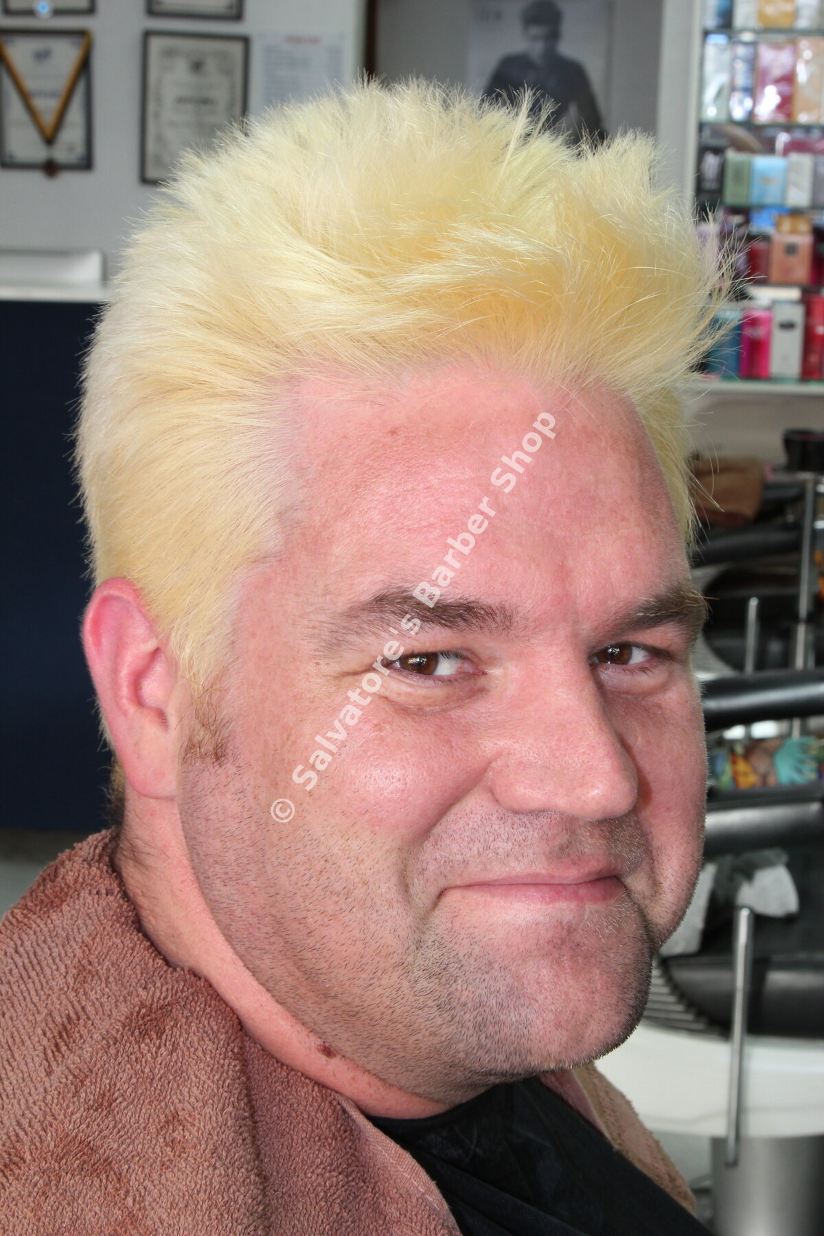 Bleached blonde spiky hair colour by Salvatore's Barber Shop Bristol