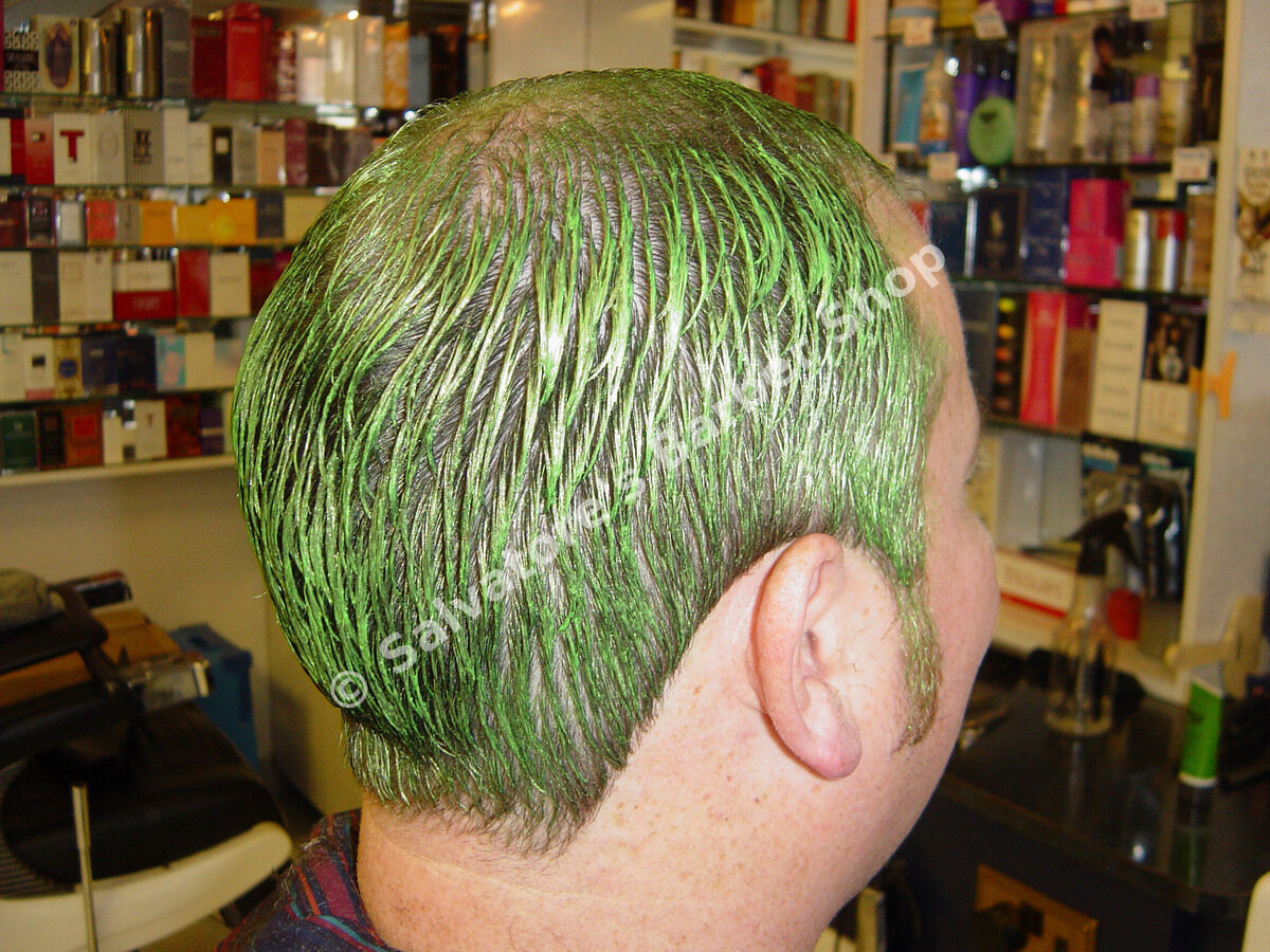 Green hair colour by Salvatore's Barber Shop Bristol