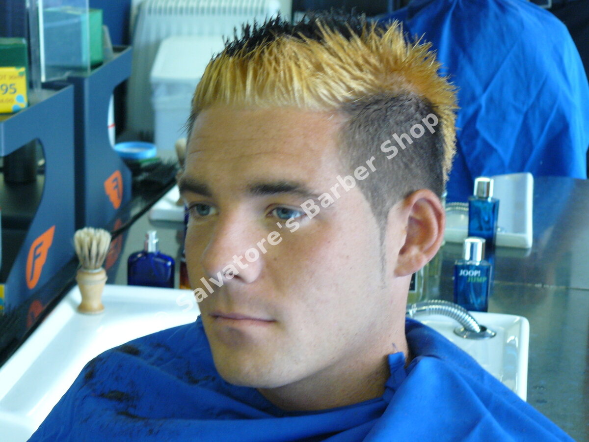 Blonde and black spiky hair colour by Salvatore's Barber Shop Bristol