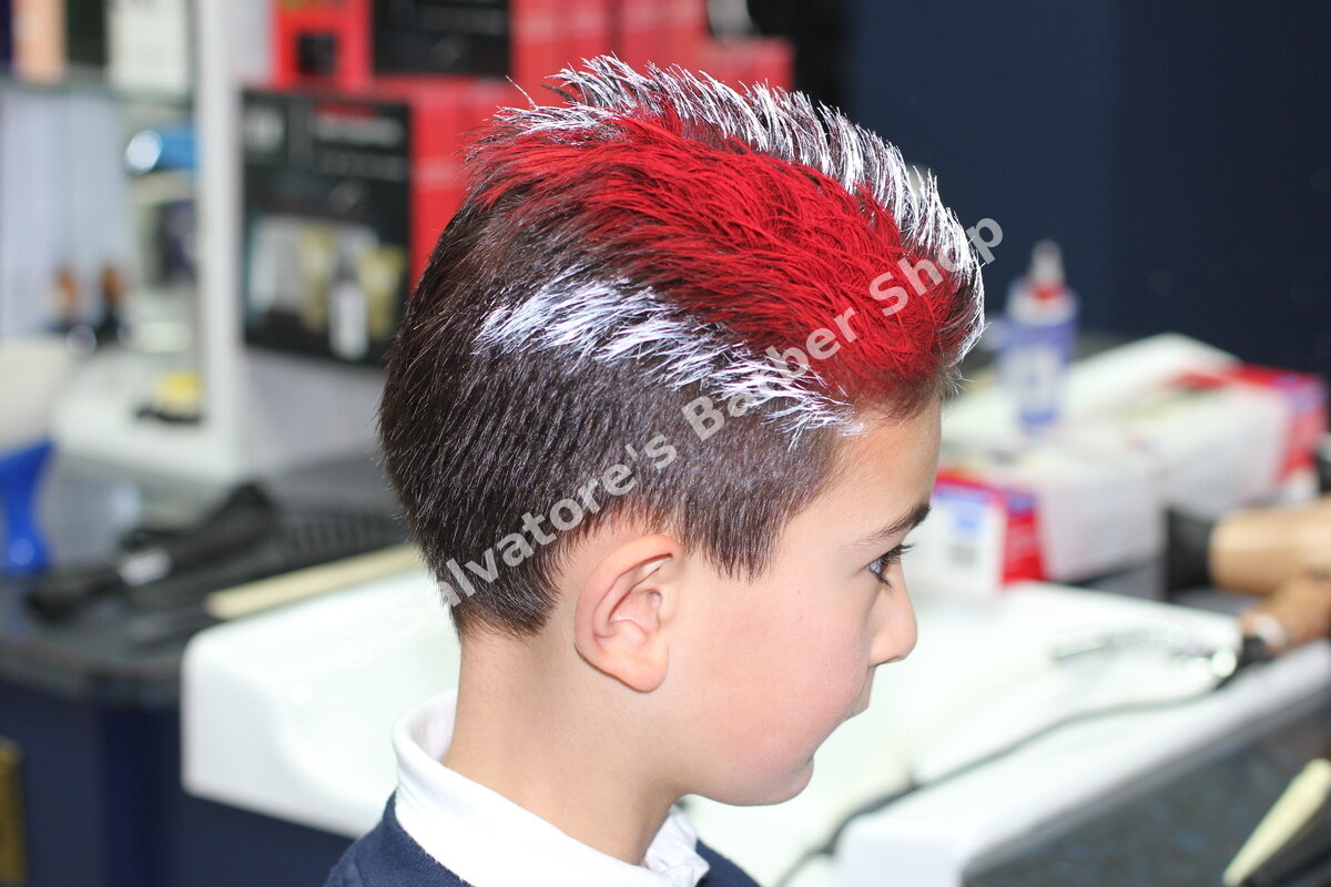 Red and silver spiky hair colour by Salvatore's Barber Shop Bristol