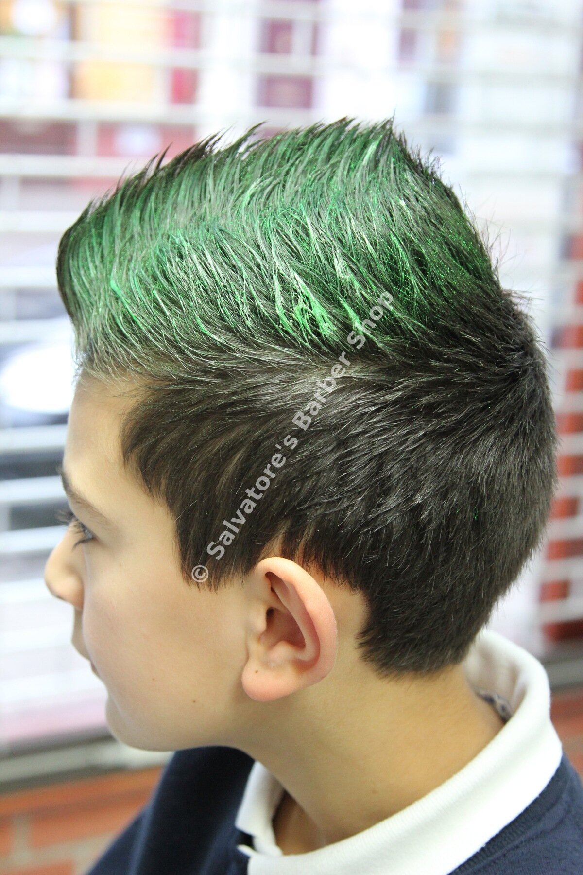 Green hair colour with quiff by Salvatore's Barber Shop Bristol