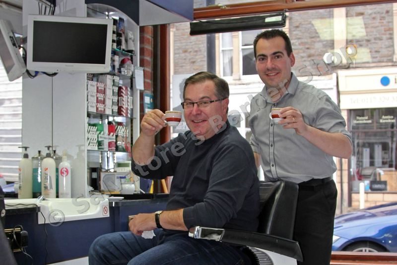 Salvatore and Garry enjoying an espresso in the barber shop — April 2014