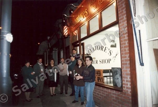Salvatore's Barber Shop grand opening night — family and friends outside 125 Coldharbour Road, April 1994